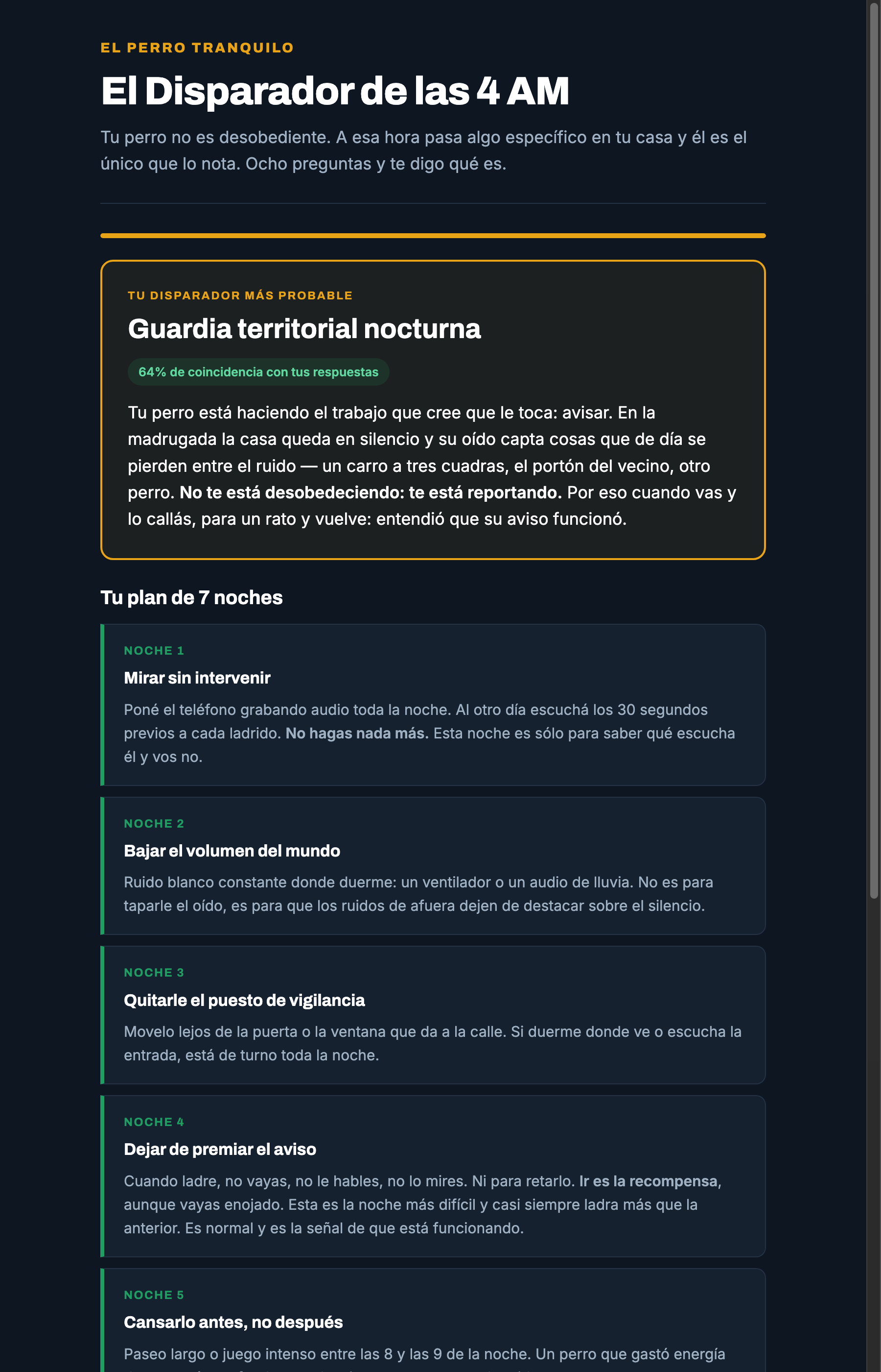 Pantalla del resultado con el disparador identificado y el plan de siete noches