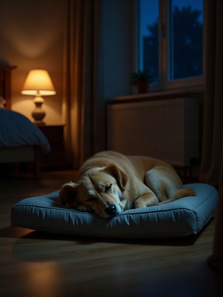 Perro durmiendo profundamente en su cama en una habitación a oscuras