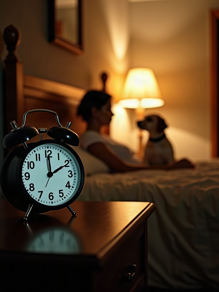 Reloj despertador marcando la madrugada, al fondo desenfocada una persona despierta en la cama con su perro